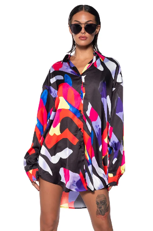 VIBRANT MOOD PRINTED SATIN BUTTON DOWN BLOUSE