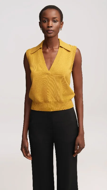 Collared Sleeveless Knit in Merino Wool | Mustard