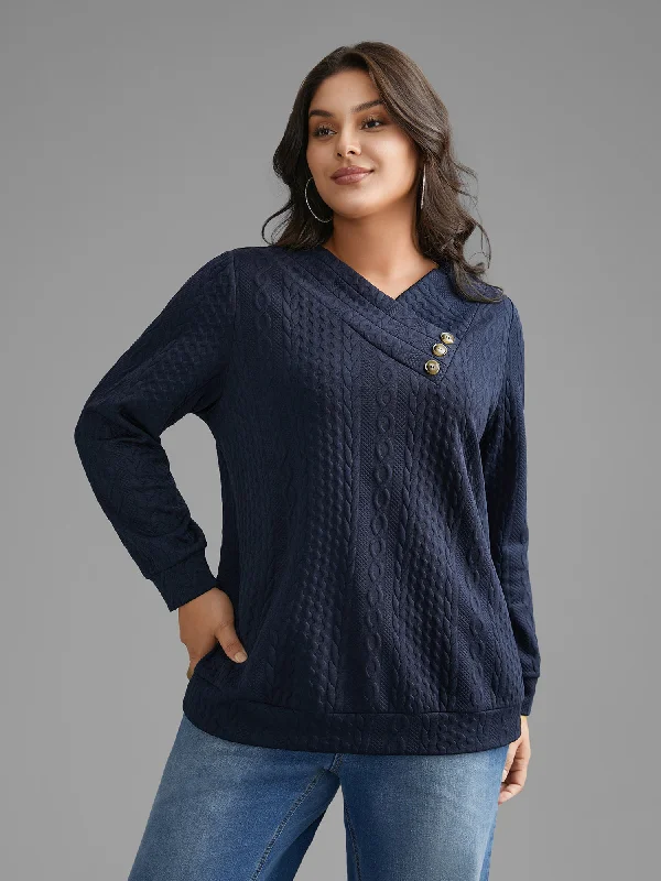 Overlap Collar Textured Button Detail Sweatshirt