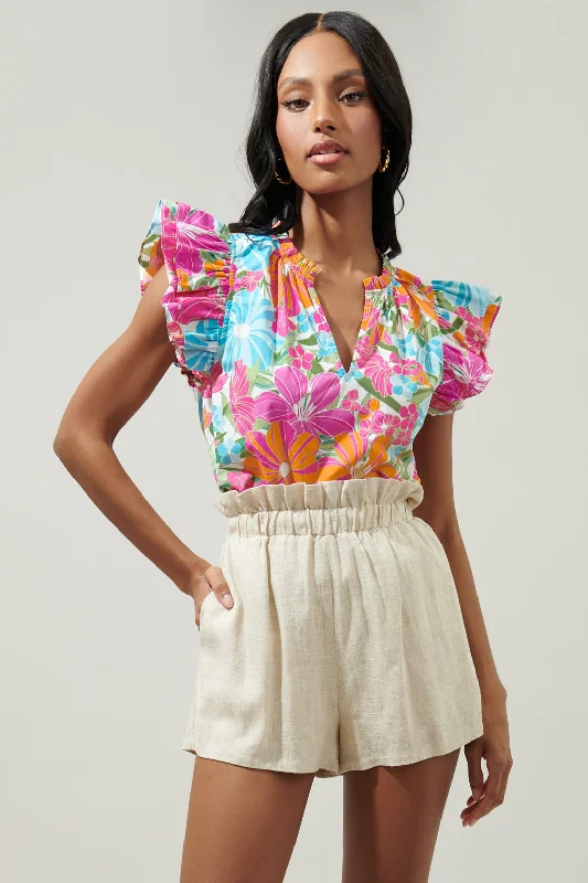 Tropical Twist Risette Ruffle Cap Sleeve Split Neck Top