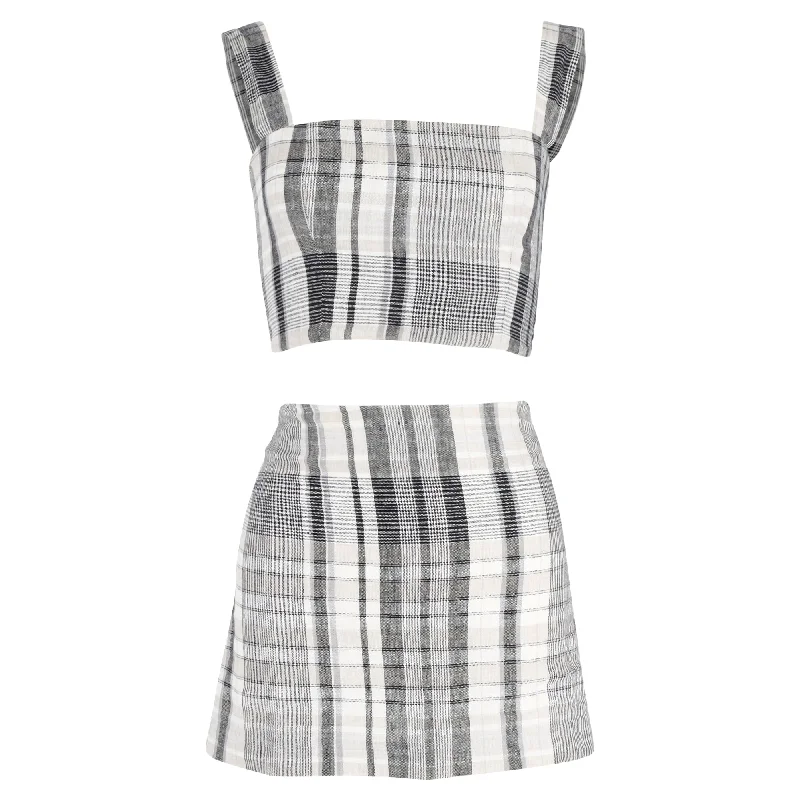 Reformation Plaid Top and Mini Skirt Set in Grey Linen