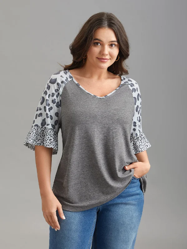 Leopard Print Heather Contrast V-Neck T-Shirt