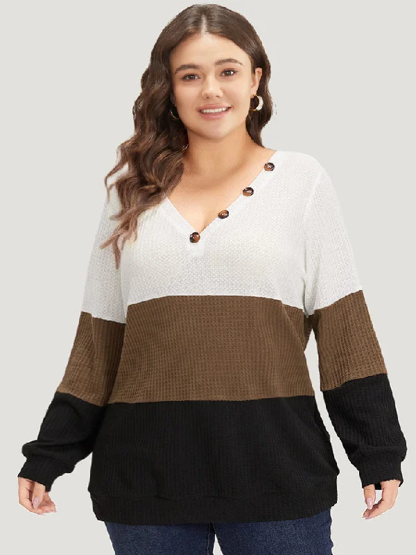 Waffle Knit Patchwork Button Detail Contrast Sweatshirt