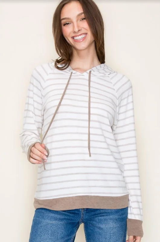 Taupe Striped Lightweight Knit Hoodie