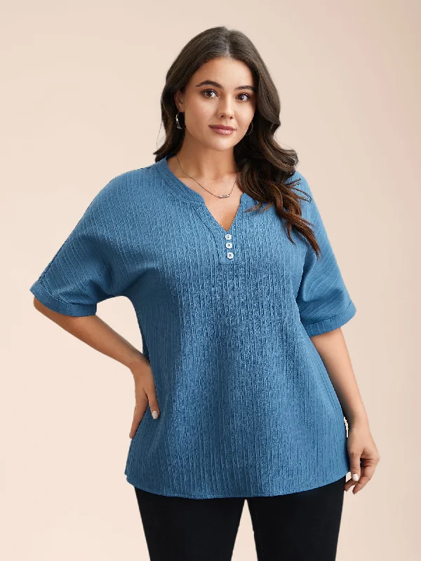 Notched Collar Textured Button Blouse