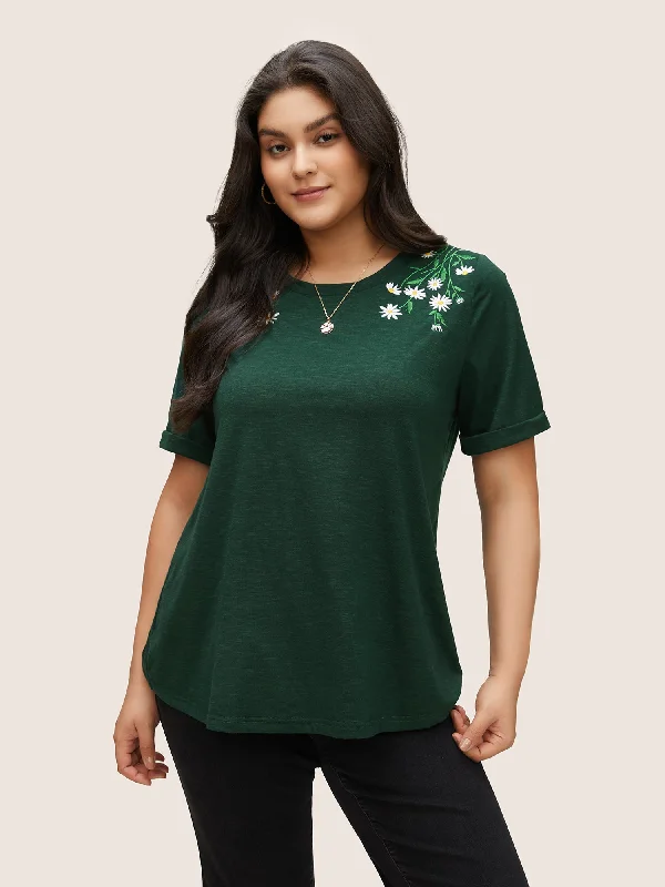 Floral Embroidered Roll Sleeve T-shirt