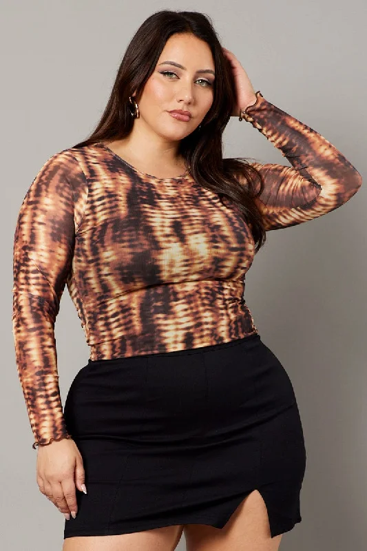 Brown Abstract Mesh Top Long Sleeve Round Neck