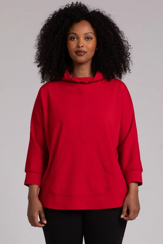 Fleece Back Jersey Funnel Neck Pullover with Kangaroo Pocket | Poppy