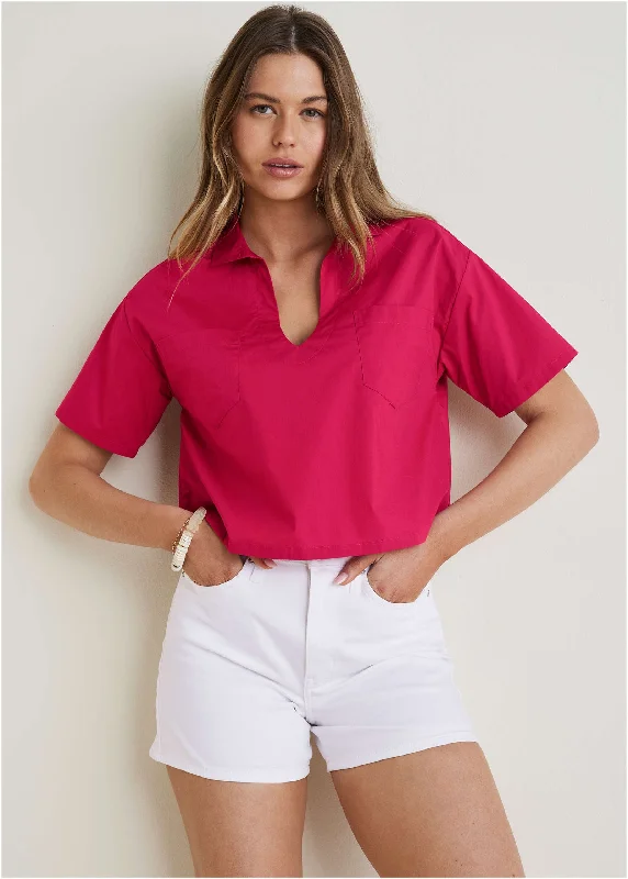 Poplin Short Sleeve Pullover - Dark Pink