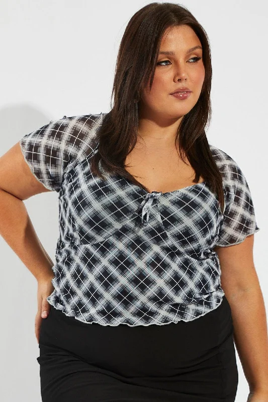 Grey Check Check Mesh Top Short Sleeve V-neck