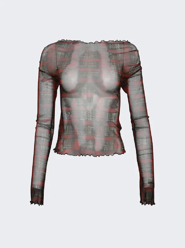 Thin Mesh Top With Straight Neckline Acid Plaid Ginger Red