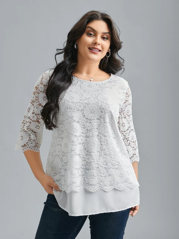 Layered Crochet Lace Semi-Sheer Blouse