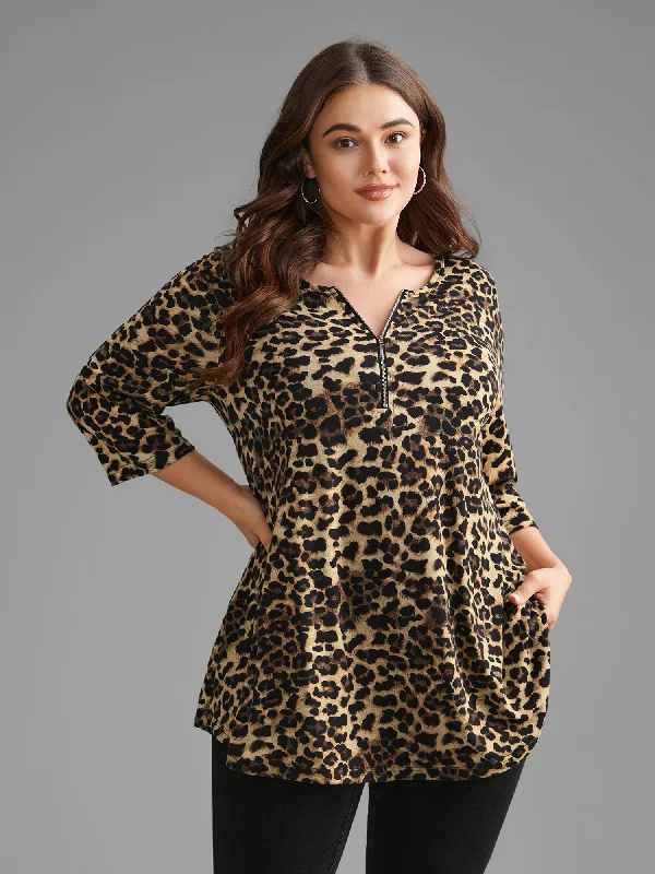 Leopard Print Half Zipper Arc Hem T-shirt