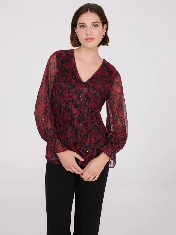 Sequin Floral Print Mesh Top