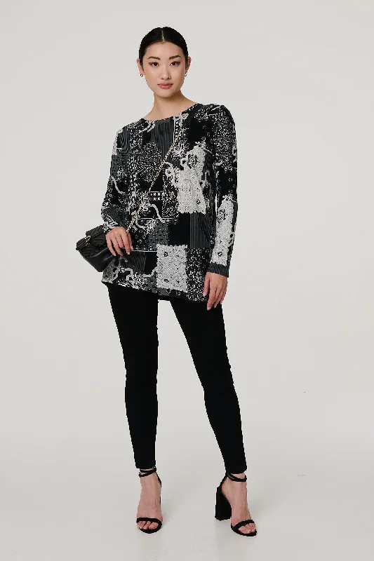 Patchwork Print Long Sleeve Tunic Top