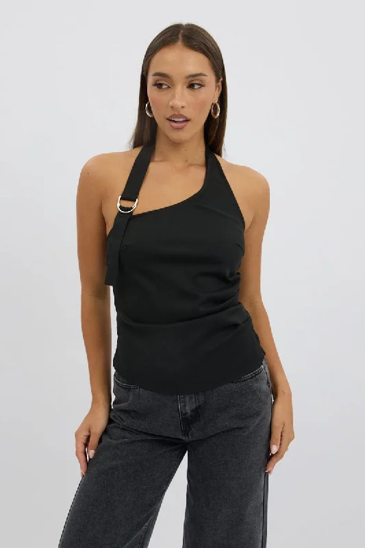 Black Gathered Asymmetric Top Sleeveless Buckle Detail