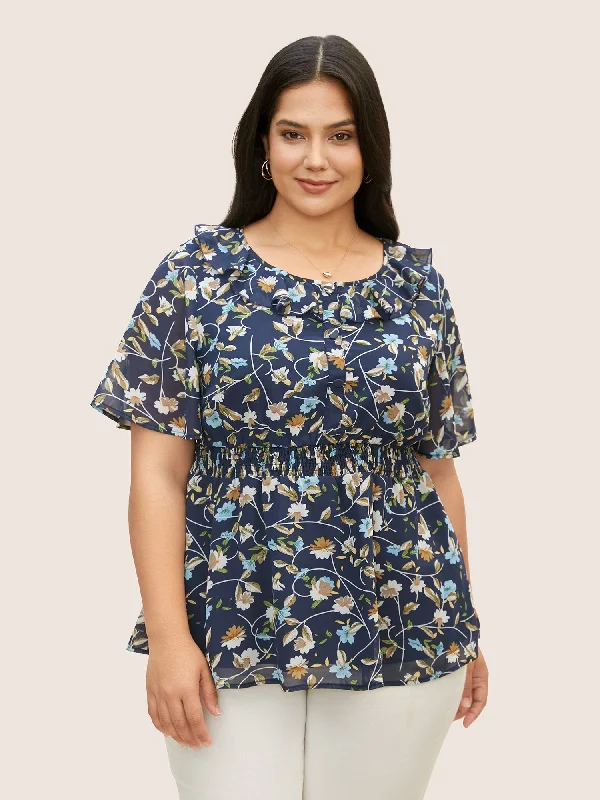 Round Neck Floral Ruffles Shirred Blouse