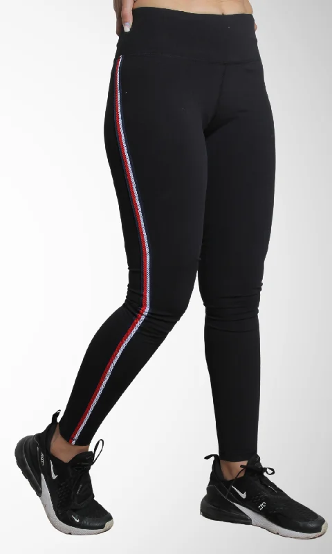 Women Tommy Striped Stretch Leggings (Black)