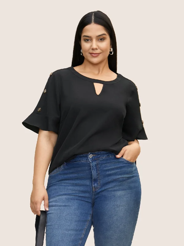 Solid Cut Out Ruffles Button Detail Blouse