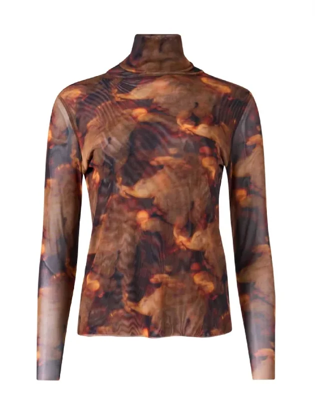 Women Long Sleeve Mesh Top In Black/brown/copper