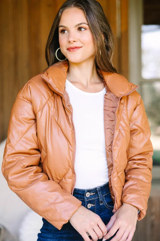 Meet You There Camel Brown Faux Leather Puffer Jacket