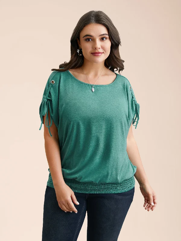 Adjustable Sleeve-Tie Shirred Round Neck T-Shirt