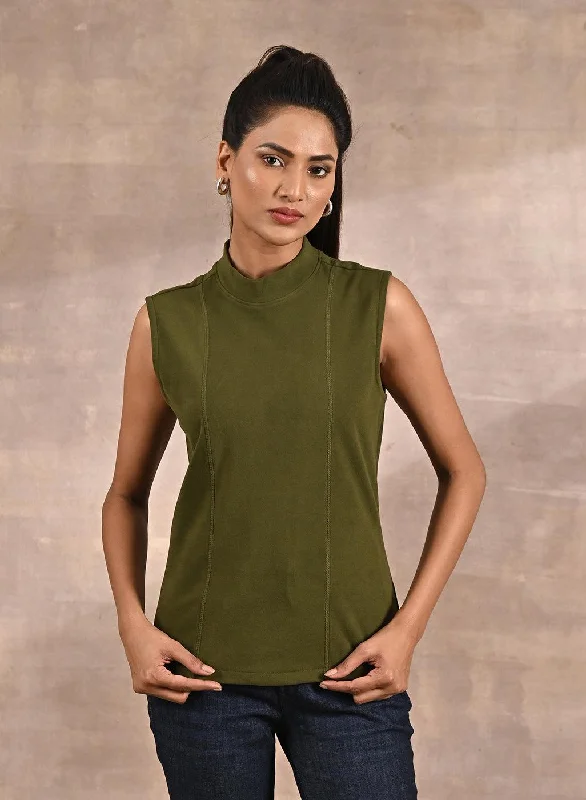 Olive Sleeveless Winter Top with Fine Stitch Detailing