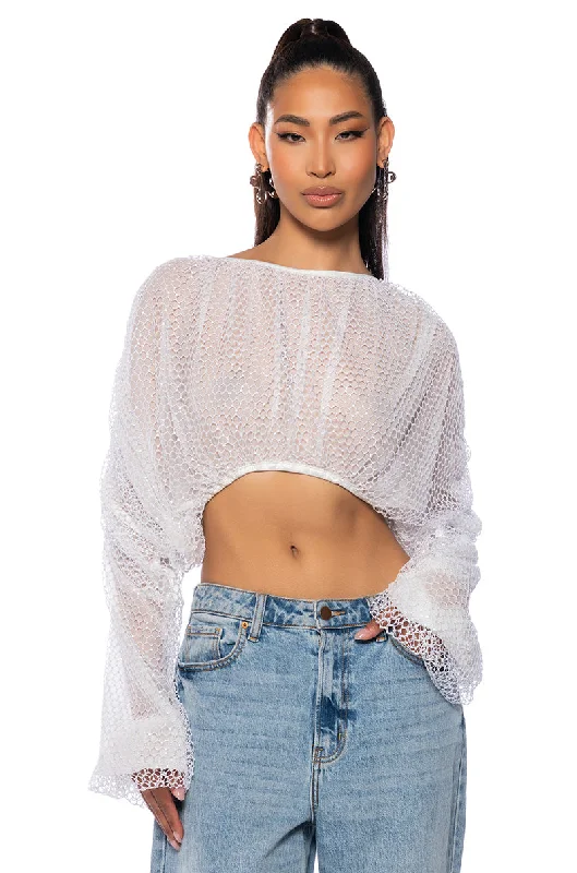 BELLE LONG SLEEVE SEQUIN MESH BLOUSE IN WHITE