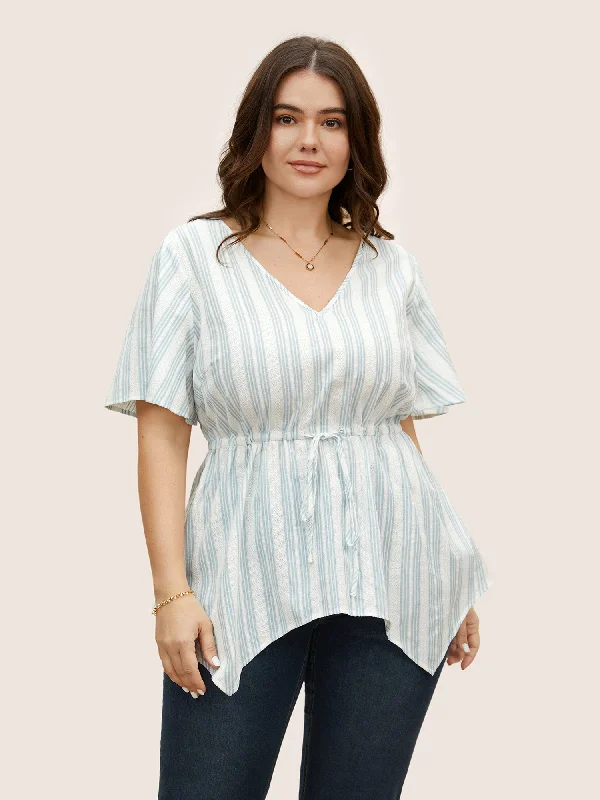 Striped Drawstring Hanky Hem Blouse