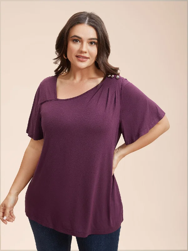 Supersoft Asymmetrical Neckline Flutter Sleeve T-Shirt