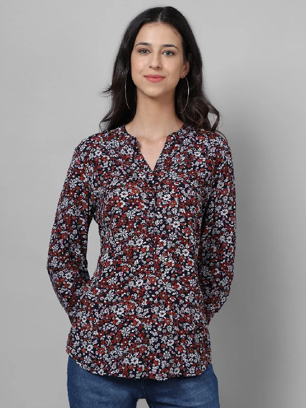 Women's Casual  Black Floral Print Mandarin Collar Tunic