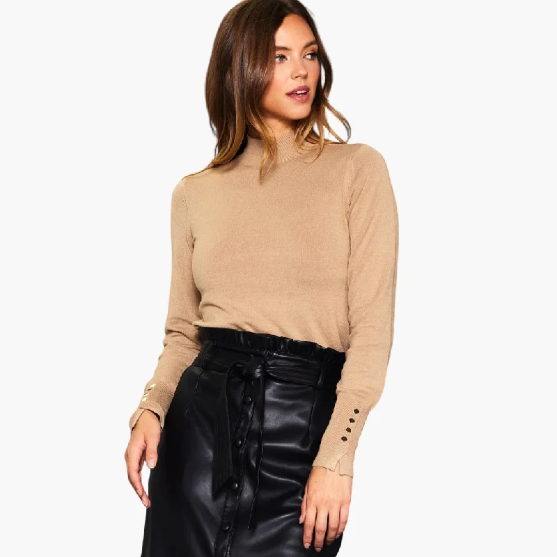 Long Sleeve Mock Neck Cuff Button Detail Knit Top (Oatmeal)