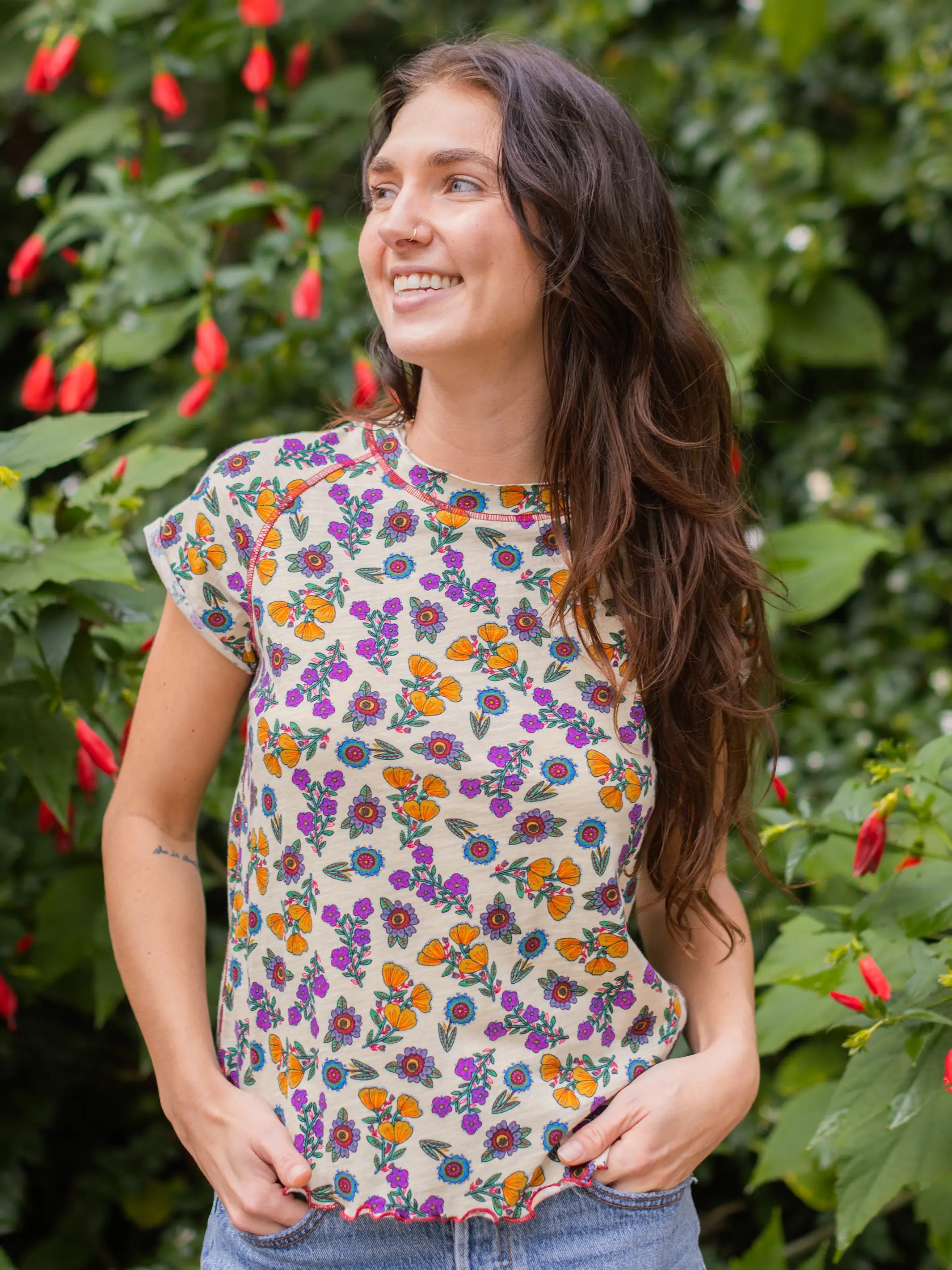 Lily Cotton Short Sleeve Tee Shirt - Tossed Blossoms