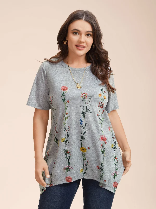 Stretchy Hi-Low Hem Floral T-Shirt