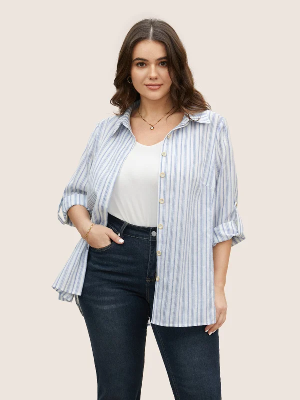 Striped Shirt Collar Button Cuff Sleeve Blouse