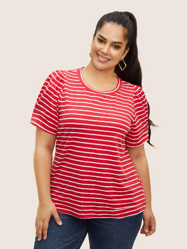 Round Neck Striped Bishop Sleeve T-shirt