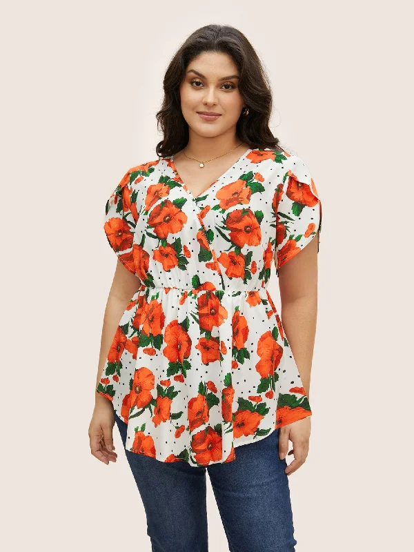 Overlap Collar Floral Elastic Waist Petal Sleeve Blouse