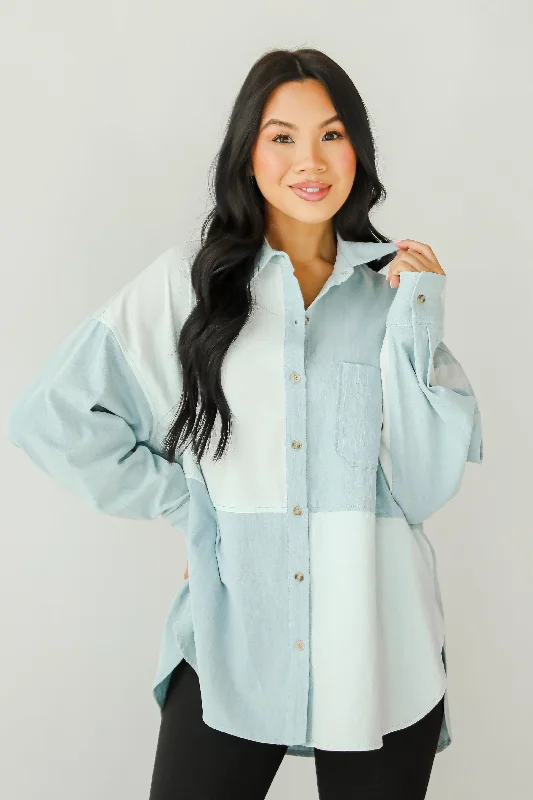 Exquisite Poise Denim Color Block Button-Up Blouse