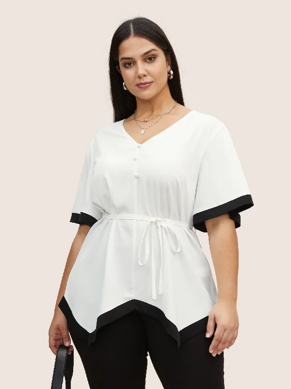 V Neck Patchwork Contrast Tie Knot Blouse