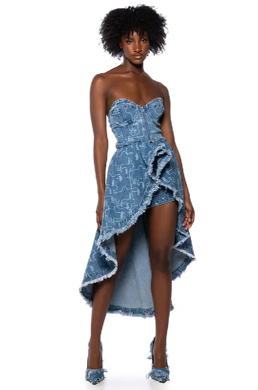 DUSK TIL DAWN PRINTED DENIM CORSET BLOUSE