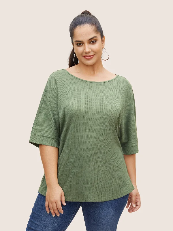 Waffle Knit Boat Neck Dolman Sleeve T-shirt