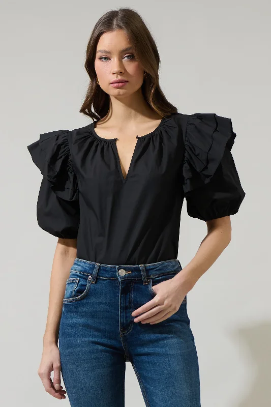 Flores Poplin Ruffle Short Sleeve Top