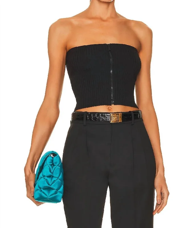 Strapless Ribbed Zip Top In Black