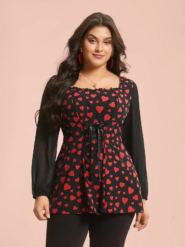 Heart Print Patchwork Waist-Tie Blouse