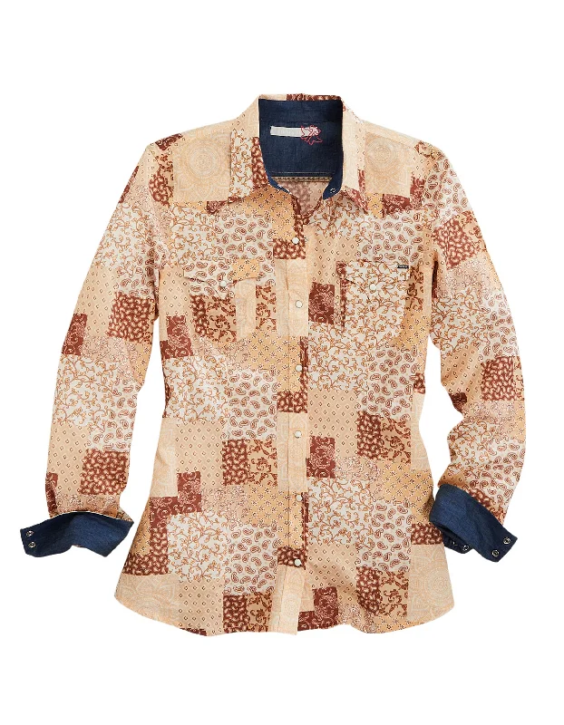 WOMENS LONG SLEEVE SNAP SUNRISE PATCHWORK PRINT WESTERN SHIRT