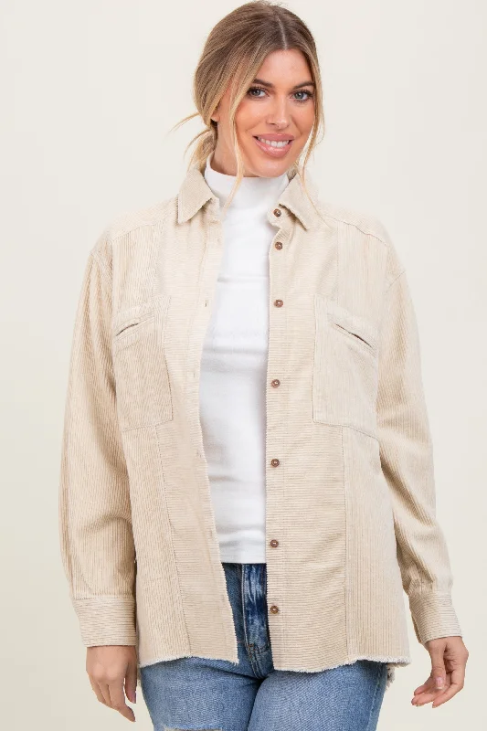 Beige Corduroy Fringe Hem Shirt Jacket