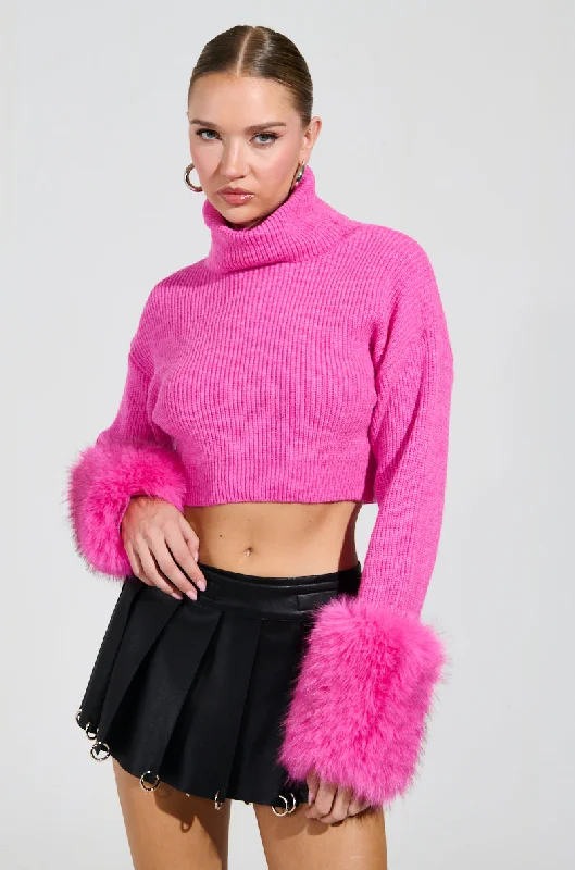 SYDNEY FUR CUFF CROPPED SWEATER IN HOT PINK