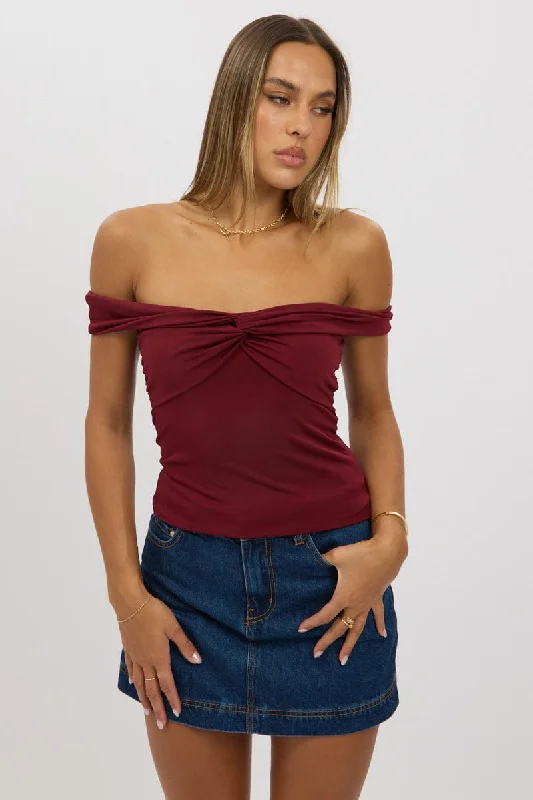 Red Off Shoulder Top Twisted Bust