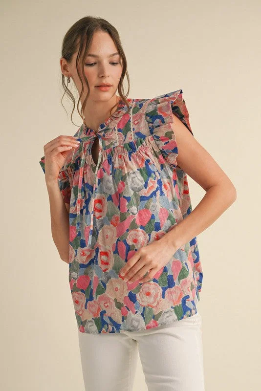 Floral Print Ruffly Shoulder Top