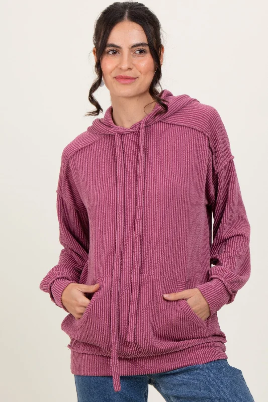 Mauve Ribbed Front Pocket Drawstring Hoodie